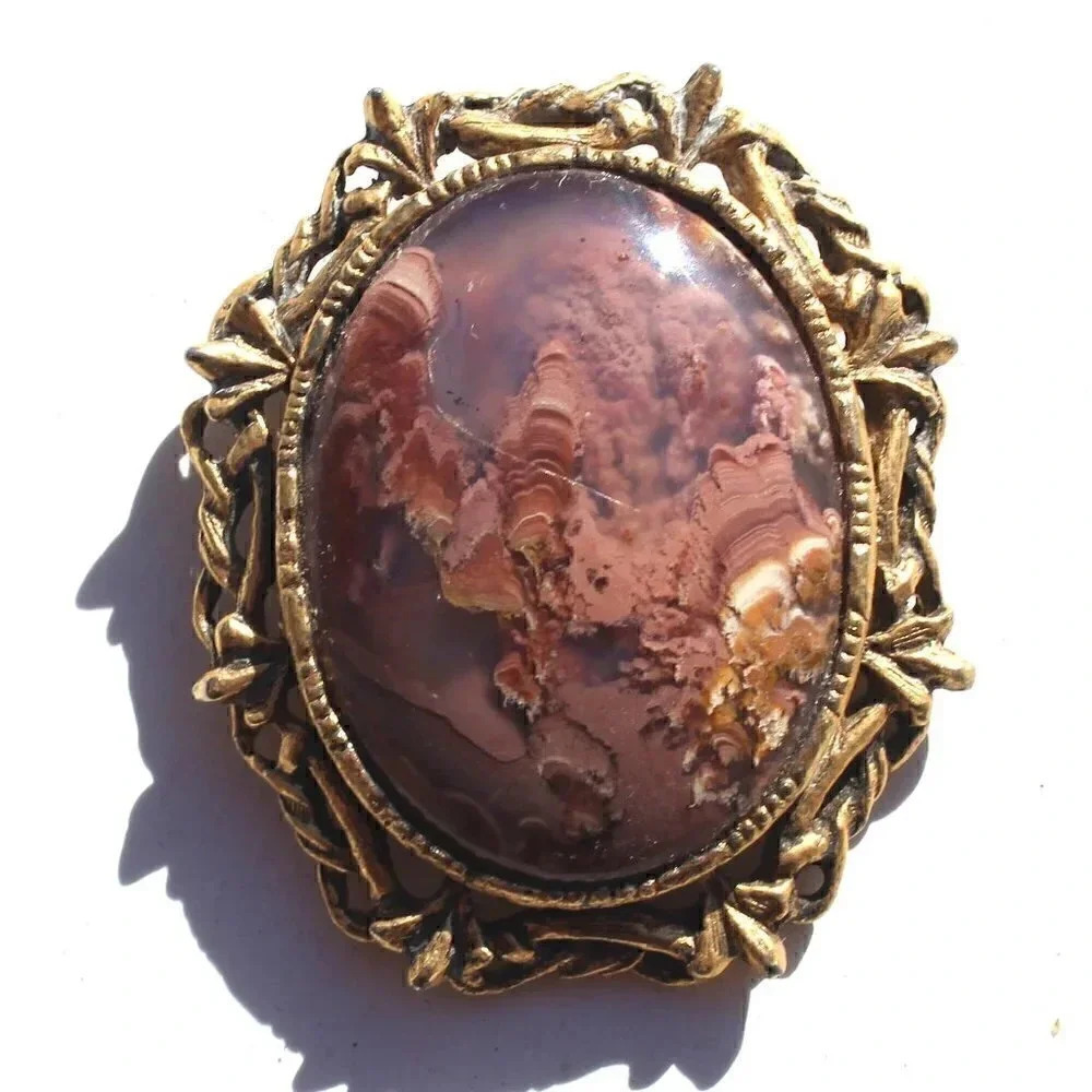 Vtg Gemstone (Agate Stone Geode Crystal) Cowboy Western Brooch Clip Scarf Decor